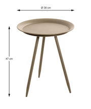 Runder Beistelltisch in Taupe/Beige mit Tablett-Tischplatte und drei schrägen Beinen, Ø 38 cm und 47 cm hoch, frontale Ansicht leicht von oben auf weißem Hintergrund.
