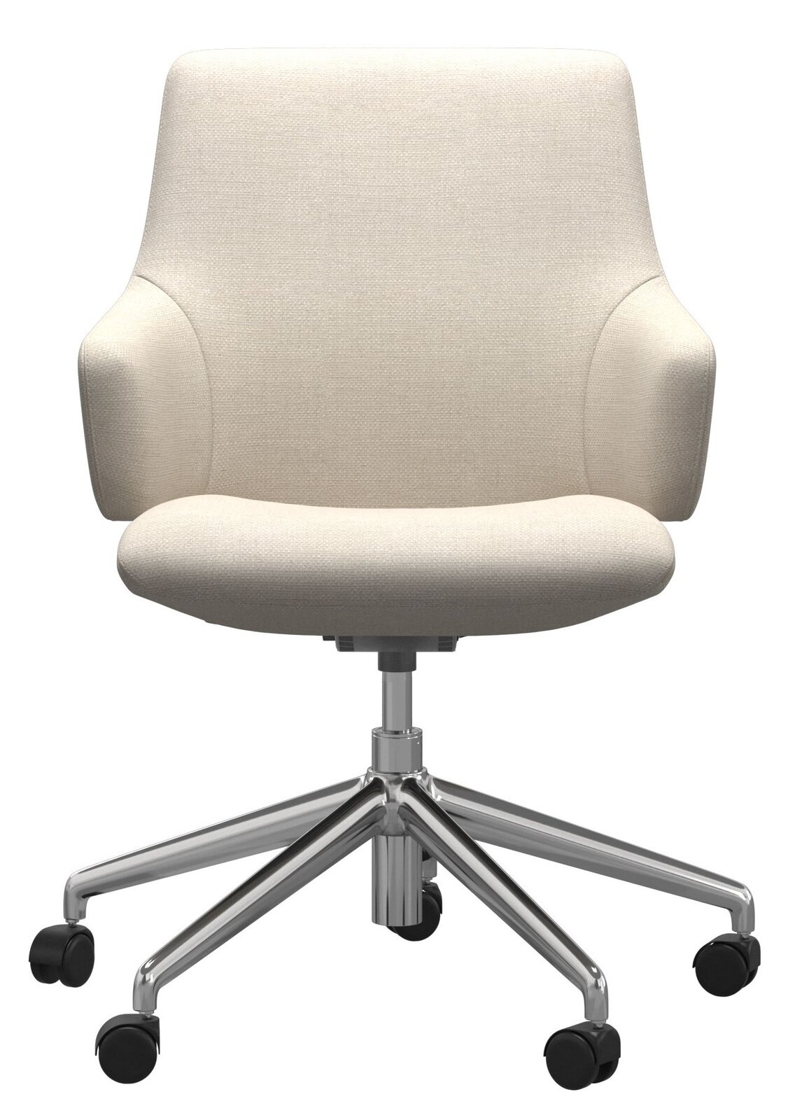 Beiger Home Office Sessel mit Armlehnen und verchromtem Drehfuß, Vorderansicht