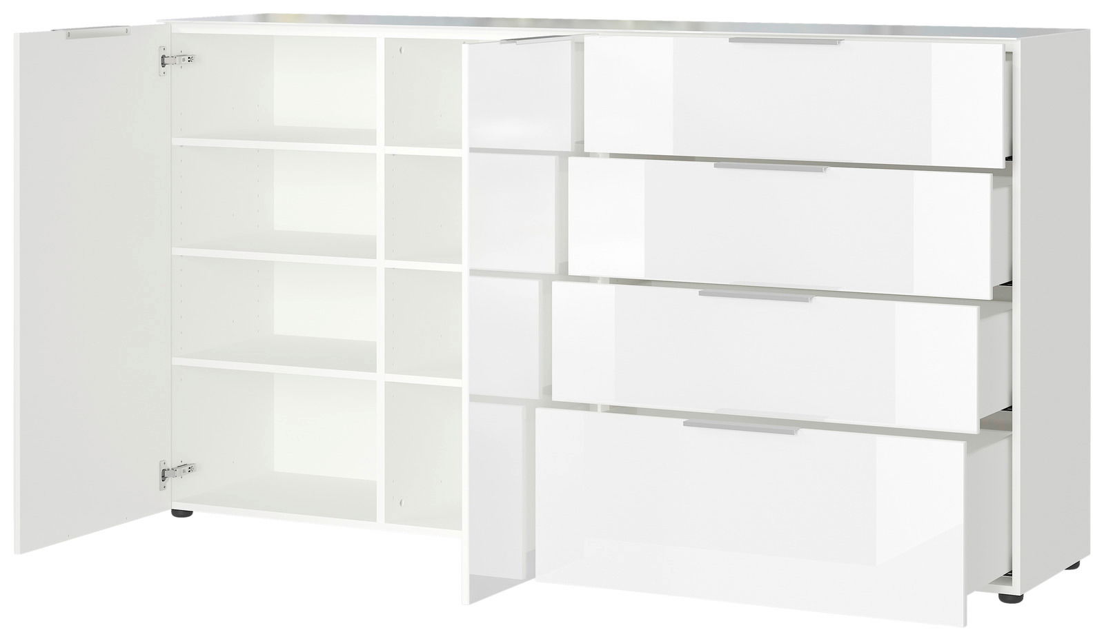 Weißes XL-Sideboard mit offenen Schubladen und Türen, seitliche Perspektive