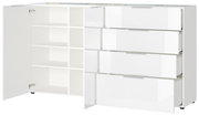 Weißes XL-Sideboard mit offenen Schubladen und Türen, seitliche Perspektive