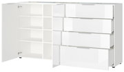 Weißes XL-Sideboard mit offenen Schubladen und Türen, seitliche Perspektive