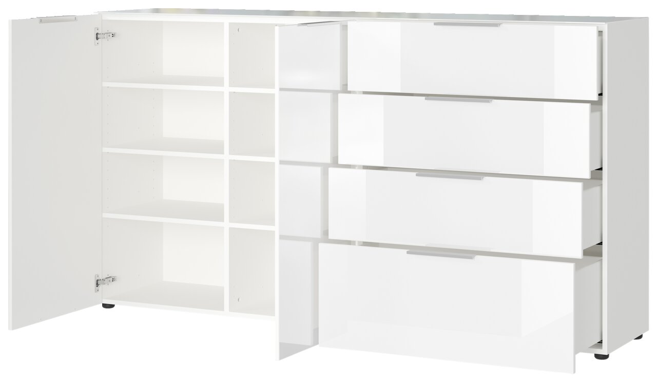 Weißes XL-Sideboard mit offenen Schubladen und Türen, seitliche Perspektive