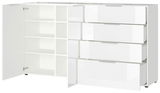Weißes XL-Sideboard mit offenen Schubladen und Türen, seitliche Perspektive