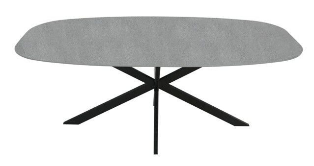 Moderner Esstisch mit grauer Tischplatte und schwarzem Metallgestell, Ansicht von vorne.