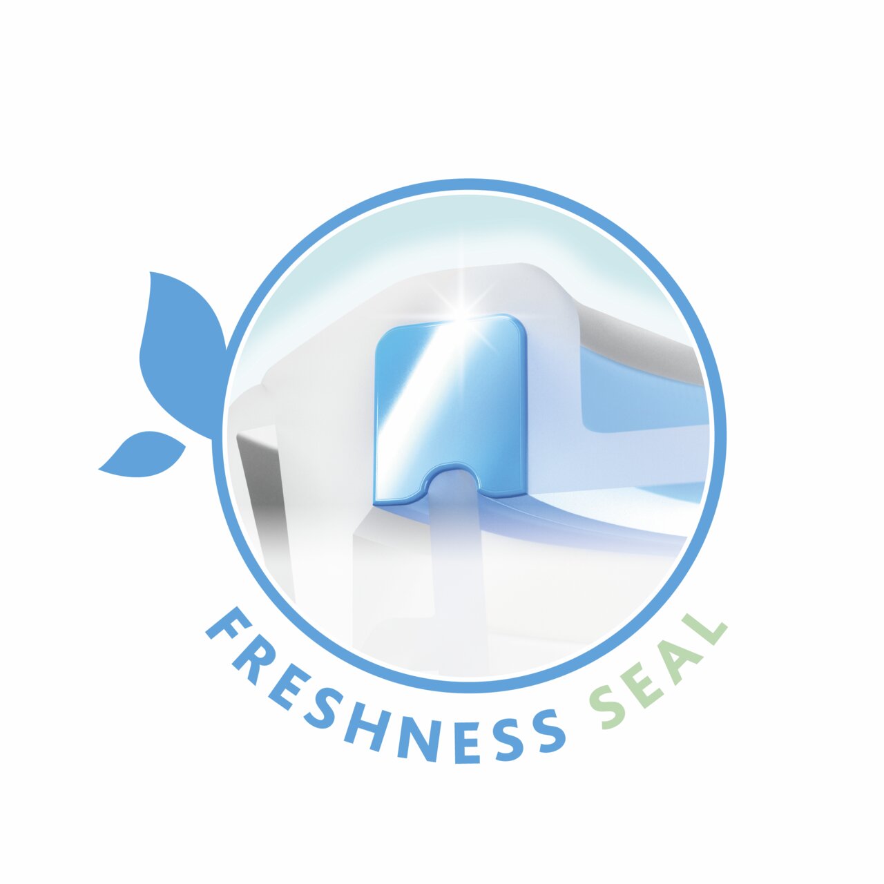 Nahaufnahme eines blauen Frischhaltedeckels mit Frische-Siegel, aus seitlicher Perspektive.