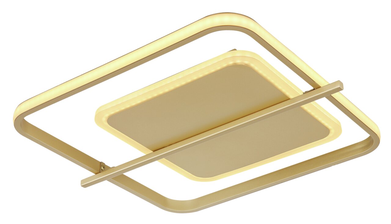 Moderne Deckenleuchte REBALL in Gold mit quadratischem Design, seitliche Perspektive