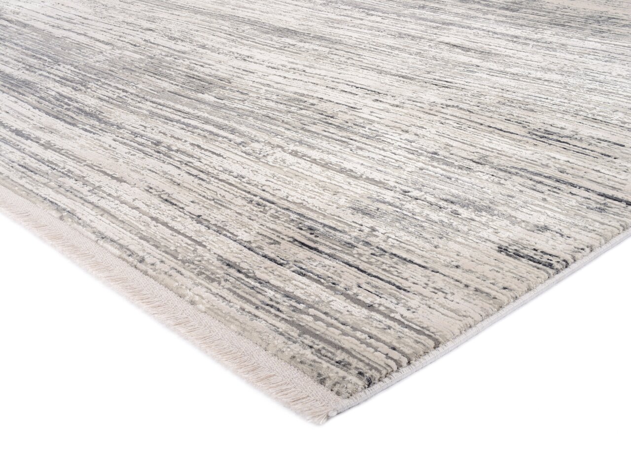 Designer Teppich in Grau- und Beigetönen mit Streifenmuster, perspektivisch von der Seite fotografiert
