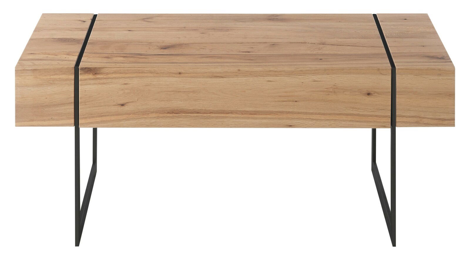 Moderner Couchtisch aus Holz mit Metallbeinen, Frontalansicht
