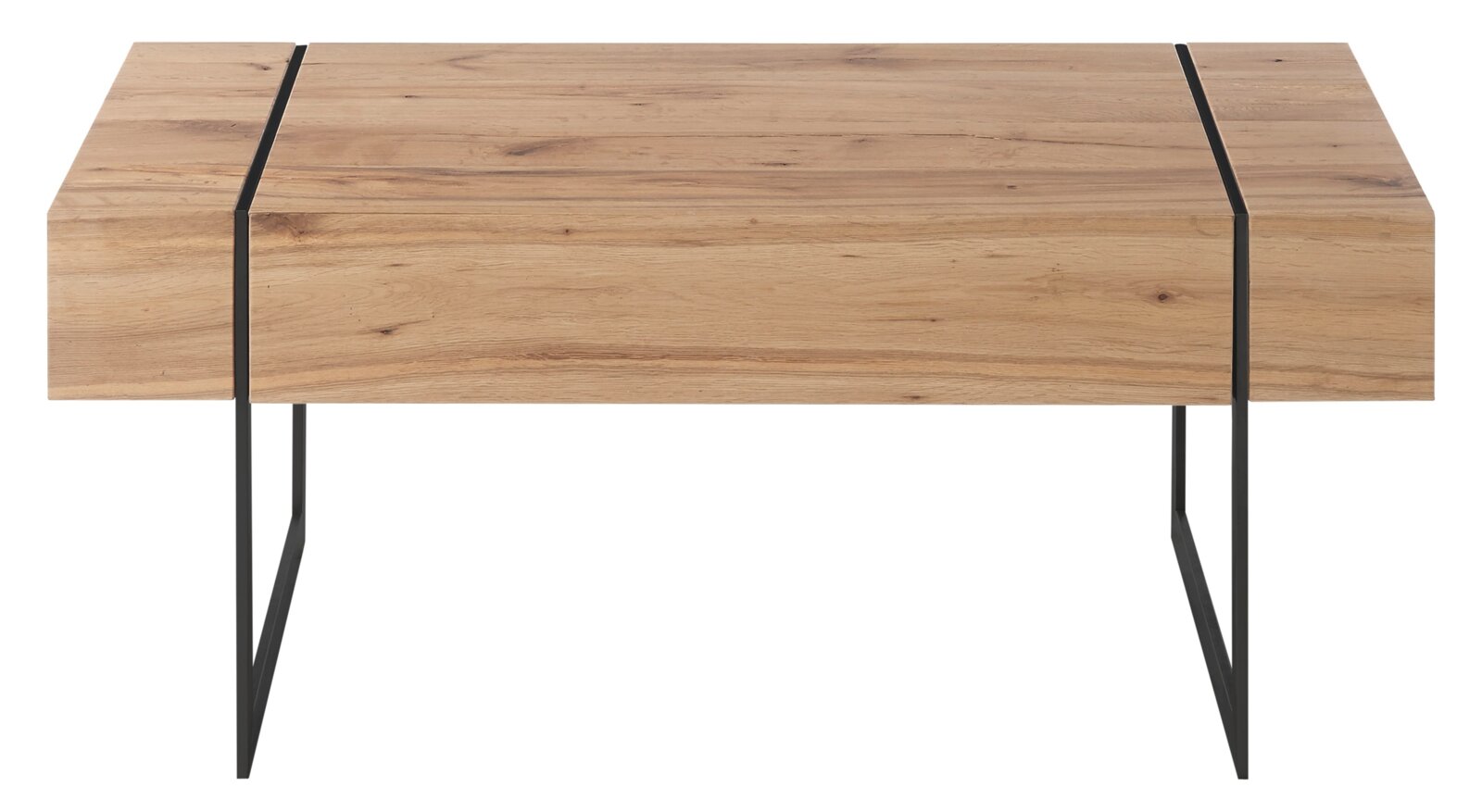 Moderner Couchtisch aus Holz mit Metallbeinen, Frontalansicht