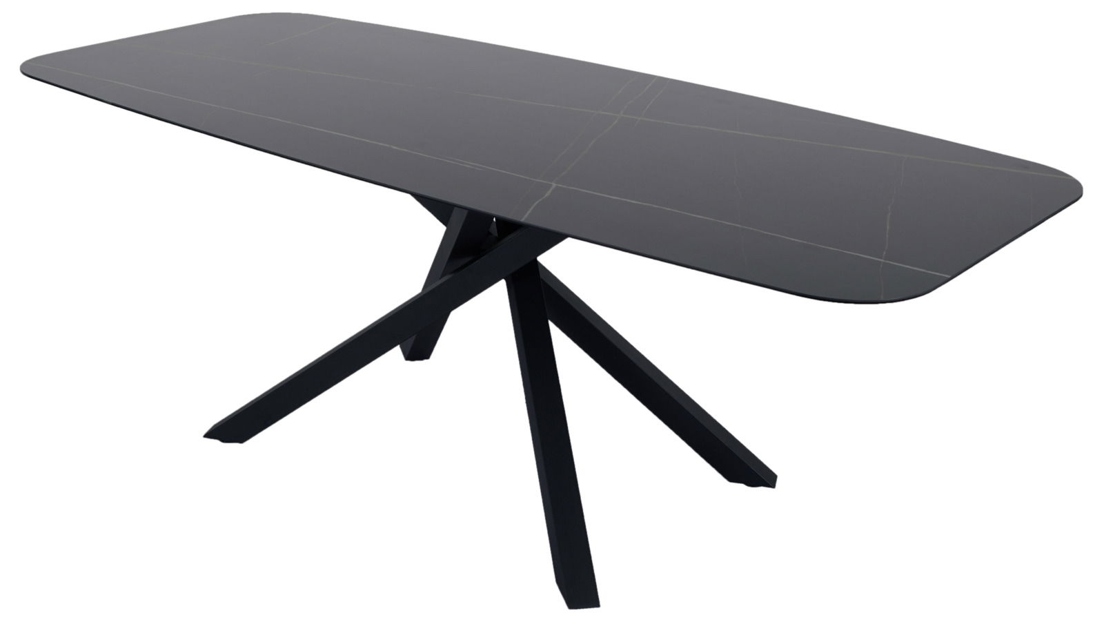 Moderner schwarzer Esstisch mit rechteckiger Tischplatte und schrägen Beinen, seitliche Perspektive