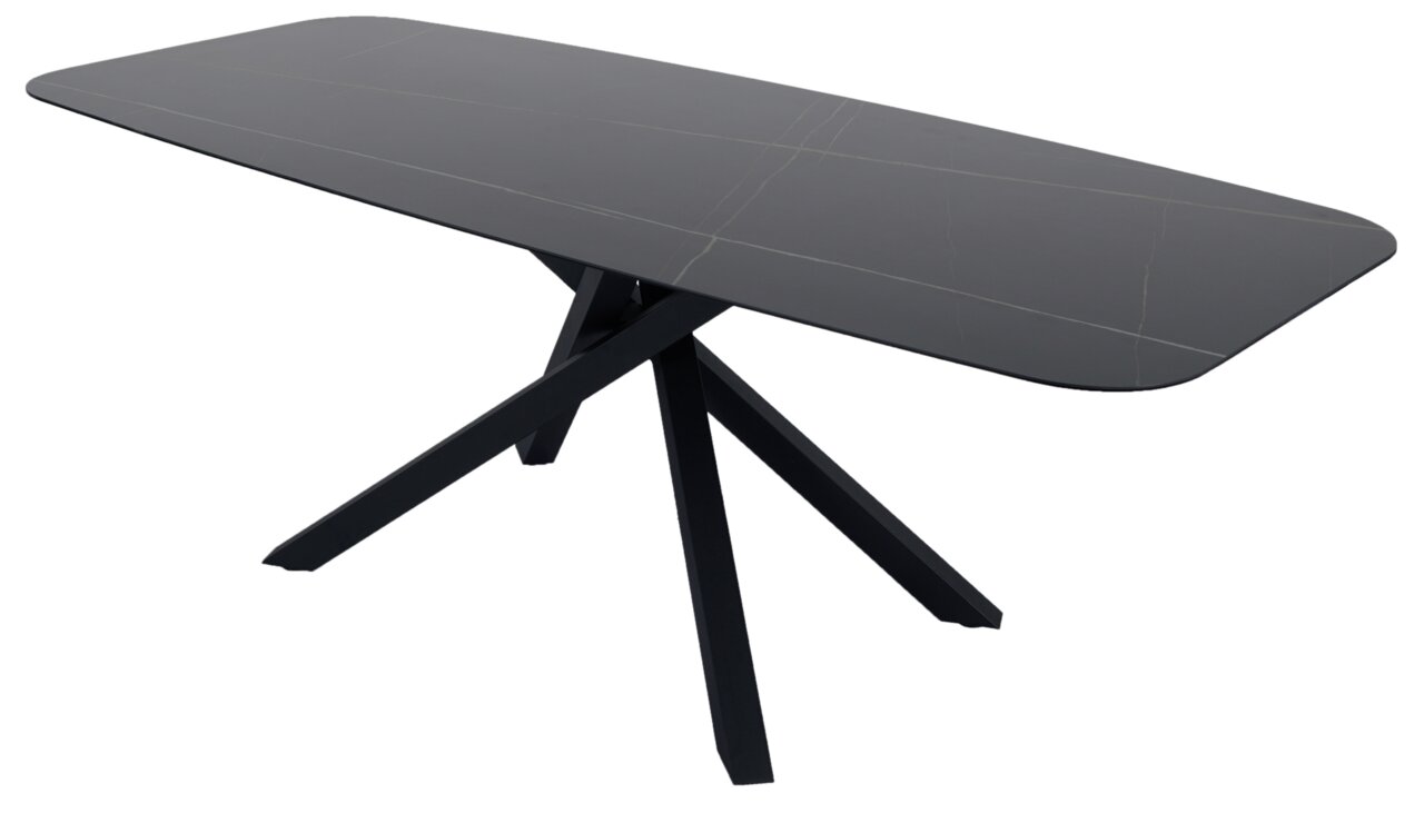Moderner schwarzer Esstisch mit rechteckiger Tischplatte und schrägen Beinen, seitliche Perspektive