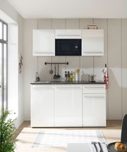 Moderne Single-Küche 160 JAZZ in Weiß mit Hängeschränken, Spüle, Herd und Mikrowelle, frontale Ansicht