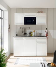 Moderne Single-Küche 160 JAZZ in Weiß mit Hängeschränken, Spüle, Herd und Mikrowelle, frontale Ansicht