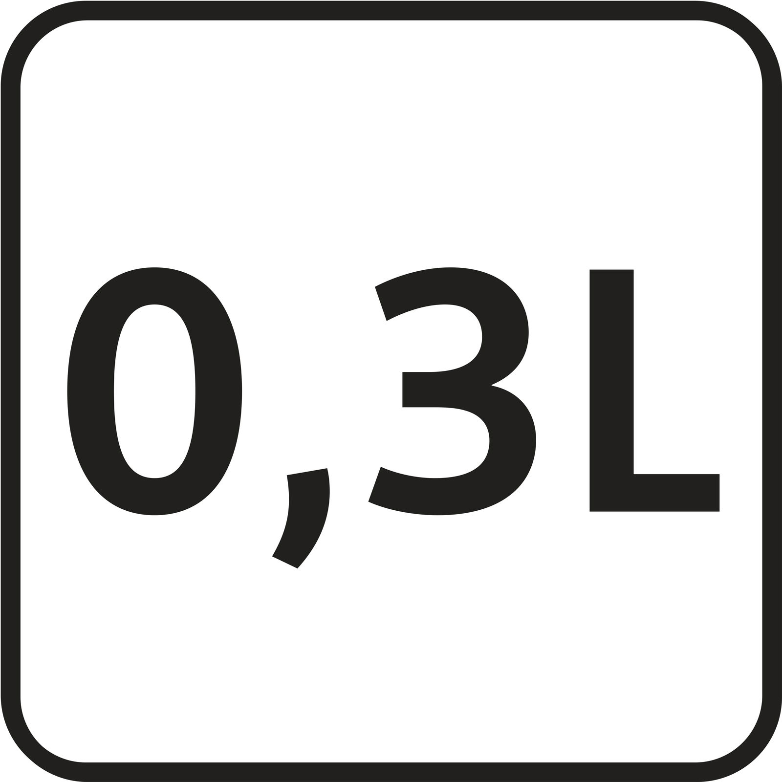 Nahaufnahme eines Schildes mit der Aufschrift 0,3L, das die Kapazität eines hellblauen Thermobechers anzeigt.