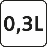 Nahaufnahme eines Schildes mit der Aufschrift 0,3L, das die Kapazität eines hellblauen Thermobechers anzeigt.