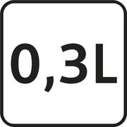 Nahaufnahme eines Schildes mit der Aufschrift 0,3L, das die Kapazität eines hellblauen Thermobechers anzeigt.