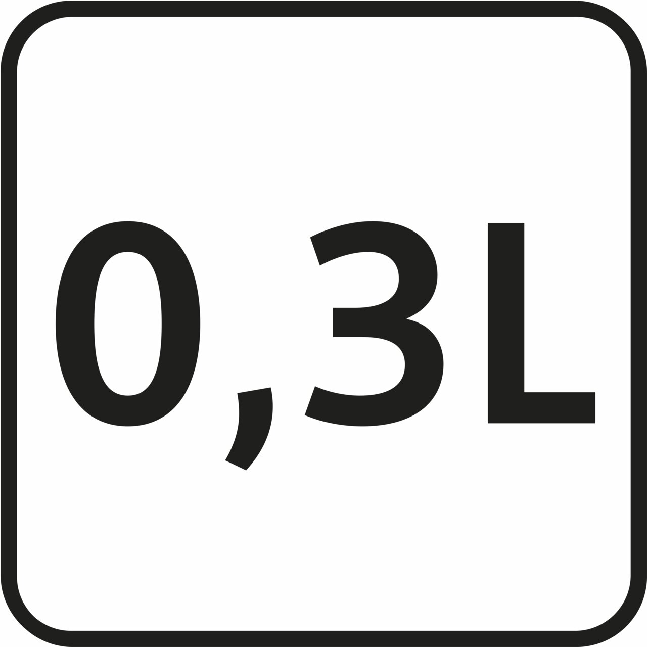 Nahaufnahme eines Schildes mit der Aufschrift 0,3L, das die Kapazität eines hellblauen Thermobechers anzeigt.