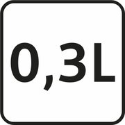 Nahaufnahme eines Schildes mit der Aufschrift 0,3L, das die Kapazität eines hellblauen Thermobechers anzeigt.