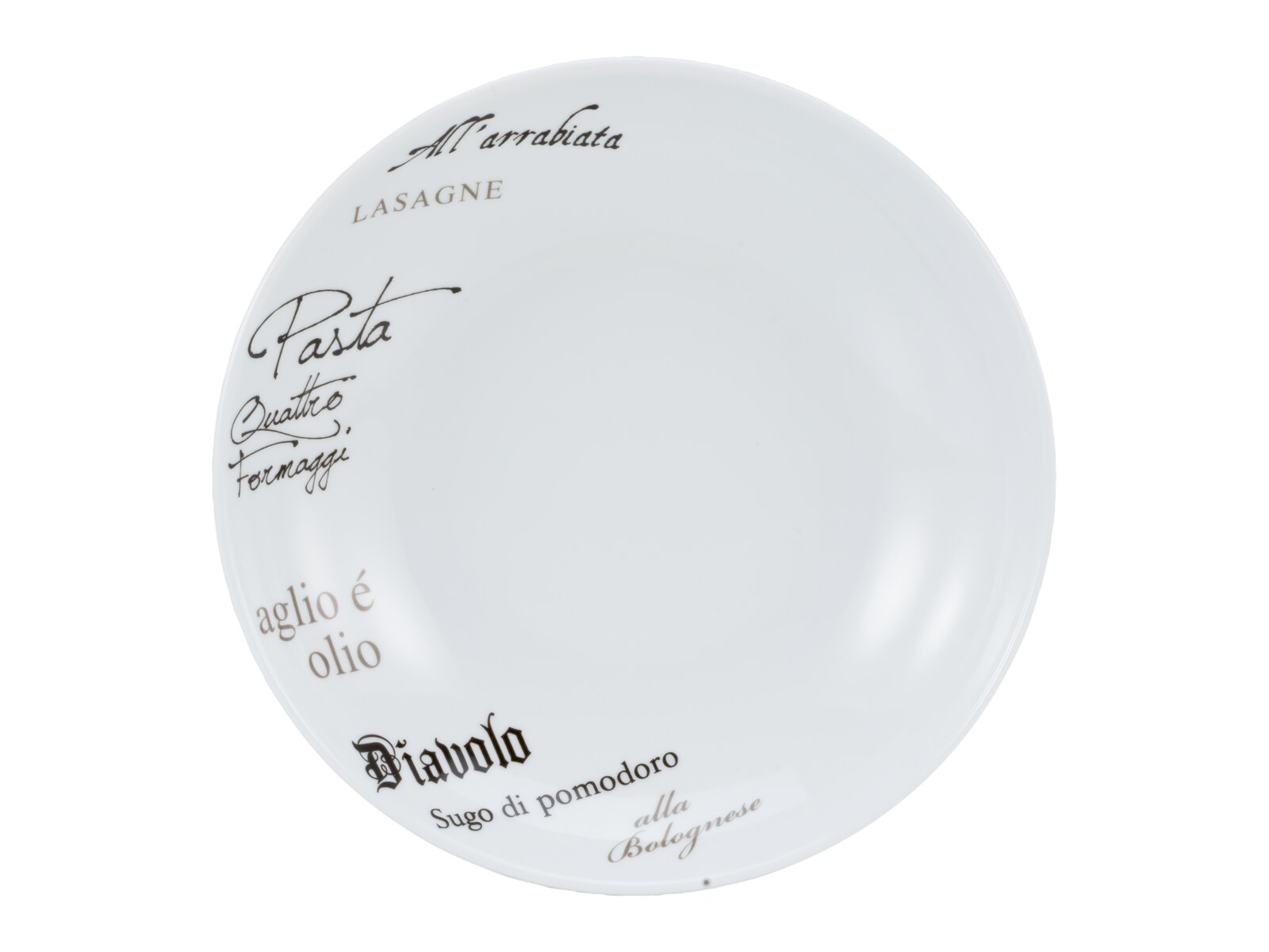 Runder weißer Porzellanteller mit italienischen Schriftzügen (z. B. Pasta, Lasagne, aglio e olio) am Rand, Draufsicht von oben