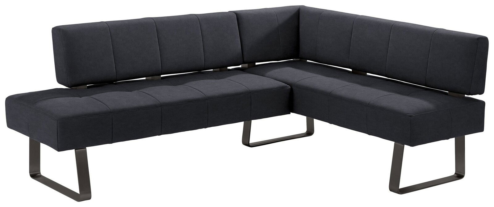 Moderne Eckbank in dunklem Stoffbezug mit Metallbeinen, seitliche Perspektive