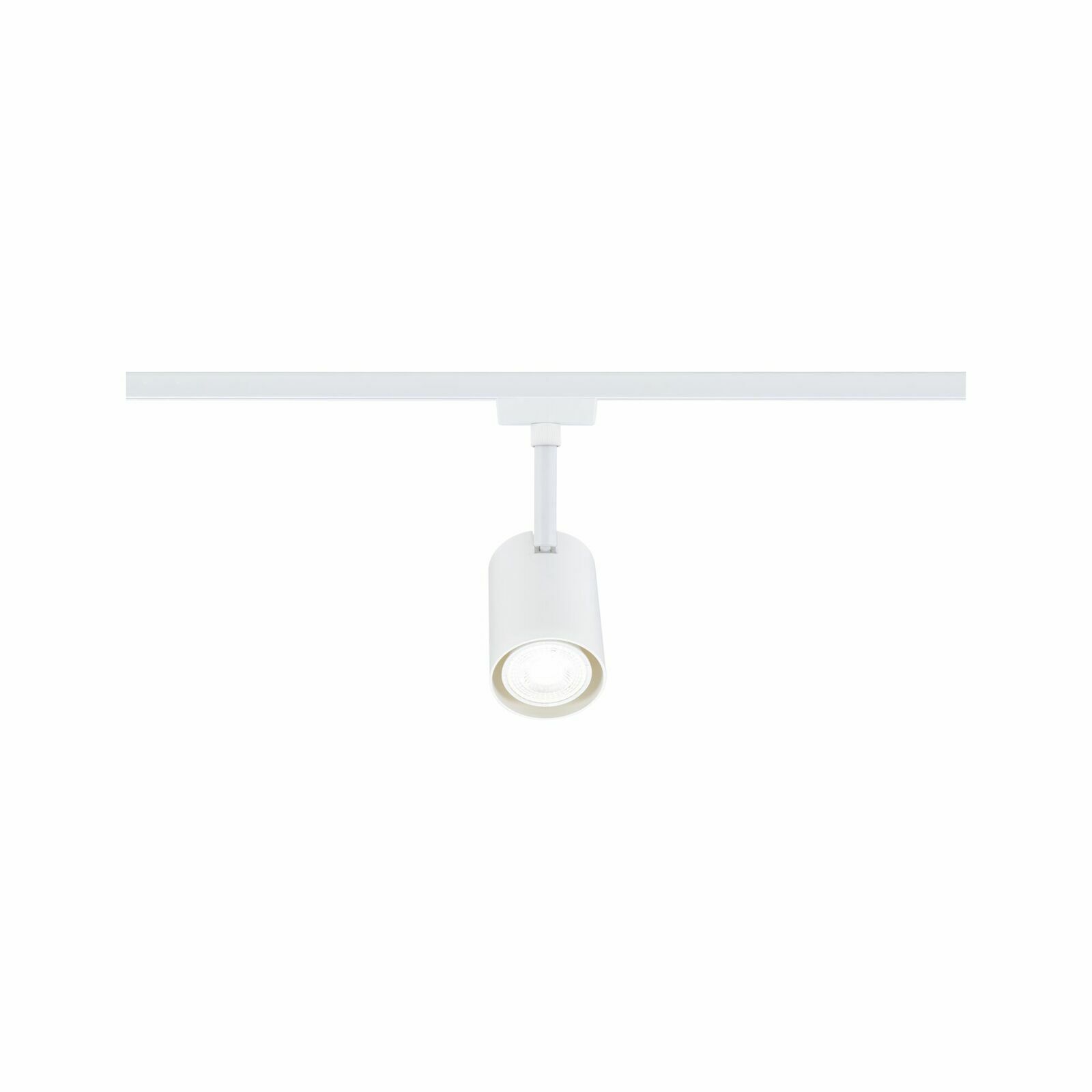 Weißer Schienenspot Luxe, frontal abgebildet, montiert an einer Schiene.