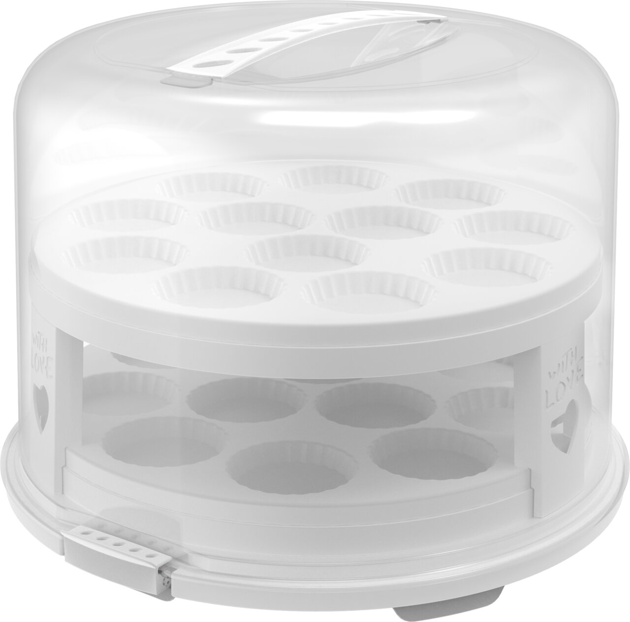 Transparente Tortenglocke XL mit Griff, seitliche Perspektive, zeigt zwei Etagen mit Platz für Muffins oder Cupcakes.