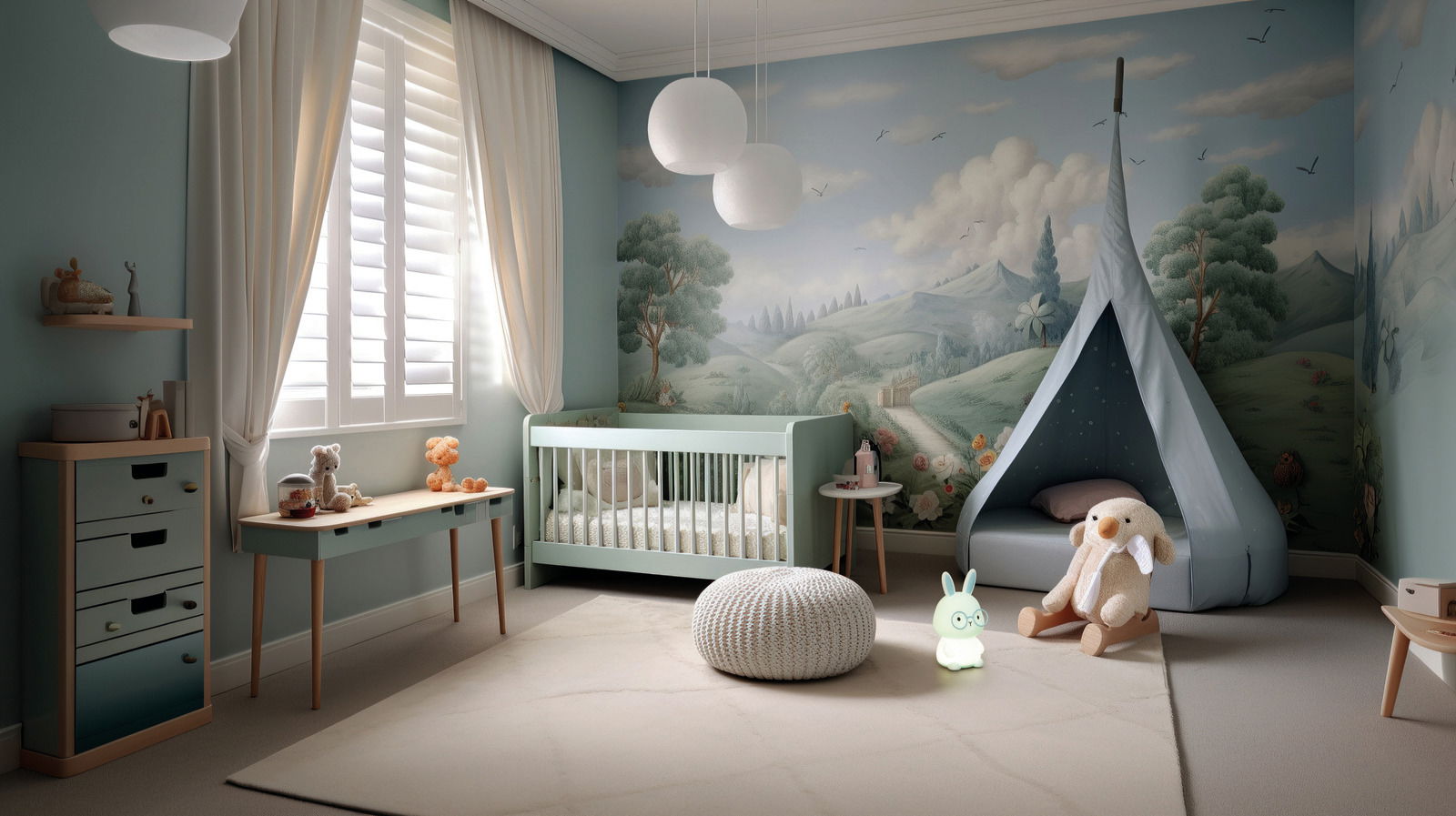 Ein leuchtendes Nachtlicht in Form eines Hasen mit Brille steht auf dem Boden eines Kinderzimmers. Das Zimmer ist in sanften Pastelltönen gehalten und zeigt eine gemütliche Atmosphäre mit einem Zelt und Kuscheltieren. Perspektive: Frontalansicht auf das N