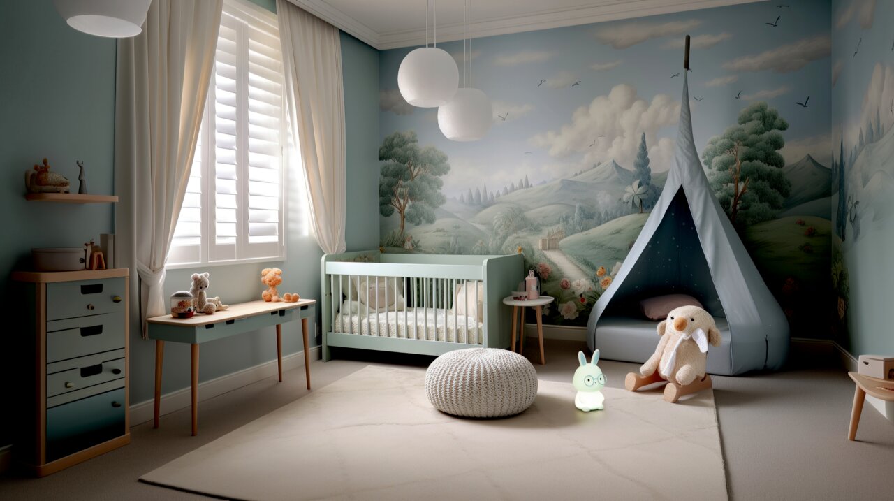 FHL easy Akku-Nachtlicht Bunny FELIX Ein leuchtendes Nachtlicht in Form eines Hasen mit Brille steht auf dem Boden eines Kinderzimmers. Das Zimmer ist in sanften Pastelltönen gehalten und zeigt eine gemütliche Atmosphäre mit einem Zelt und Kuscheltieren. Perspektive: Frontalansicht auf das N