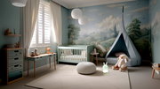 Ein leuchtendes Nachtlicht in Form eines Hasen mit Brille steht auf dem Boden eines Kinderzimmers. Das Zimmer ist in sanften Pastelltönen gehalten und zeigt eine gemütliche Atmosphäre mit einem Zelt und Kuscheltieren. Perspektive: Frontalansicht auf das N