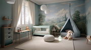 Ein leuchtendes Nachtlicht in Form eines Hasen mit Brille steht auf dem Boden eines Kinderzimmers. Das Zimmer ist in sanften Pastelltönen gehalten und zeigt eine gemütliche Atmosphäre mit einem Zelt und Kuscheltieren. Perspektive: Frontalansicht auf das N