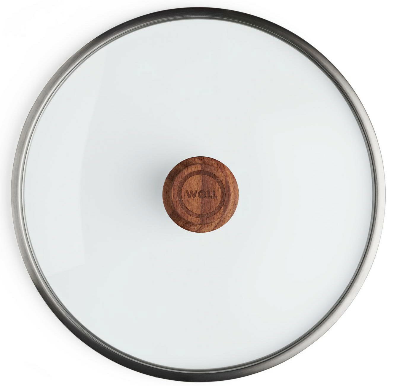 Glasdeckel mit einem Durchmesser von 28 cm, Holzgriff und Edelstahlrand, Draufsicht