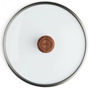Glasdeckel mit einem Durchmesser von 28 cm, Holzgriff und Edelstahlrand, Draufsicht
