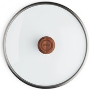 Glazen deksel met een diameter van 28 cm, houten handvat en roestvrijstalen rand, bovenaanzicht