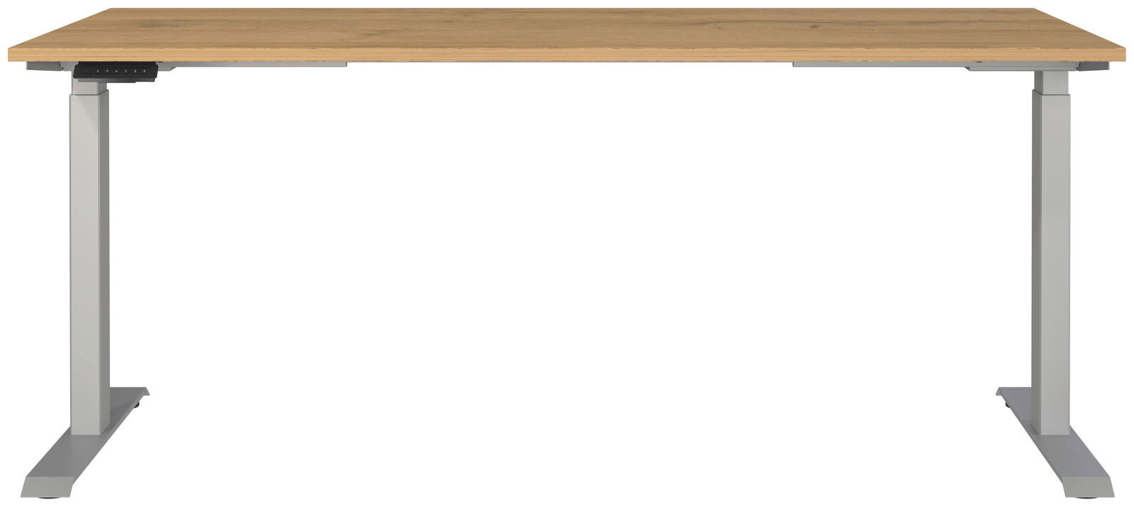 Elektrisch höhenverstellbarer Schreibtisch mit Holzplatte und Metallbeinen, Frontalansicht