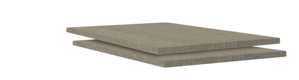 Hom´in Einlegebodenset 2er UNIT Zwei braune Einlegeböden aus Holz, gestapelt und aus seitlicher Perspektive fotografiert.