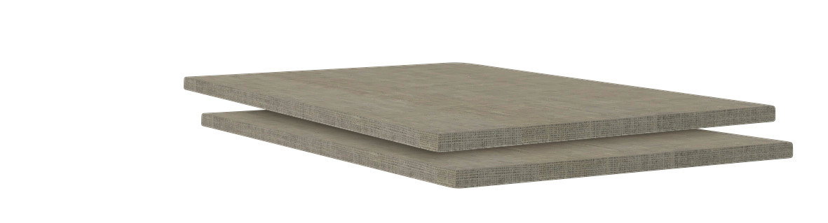 Zwei braune Einlegeböden aus Holz, gestapelt und aus seitlicher Perspektive fotografiert.