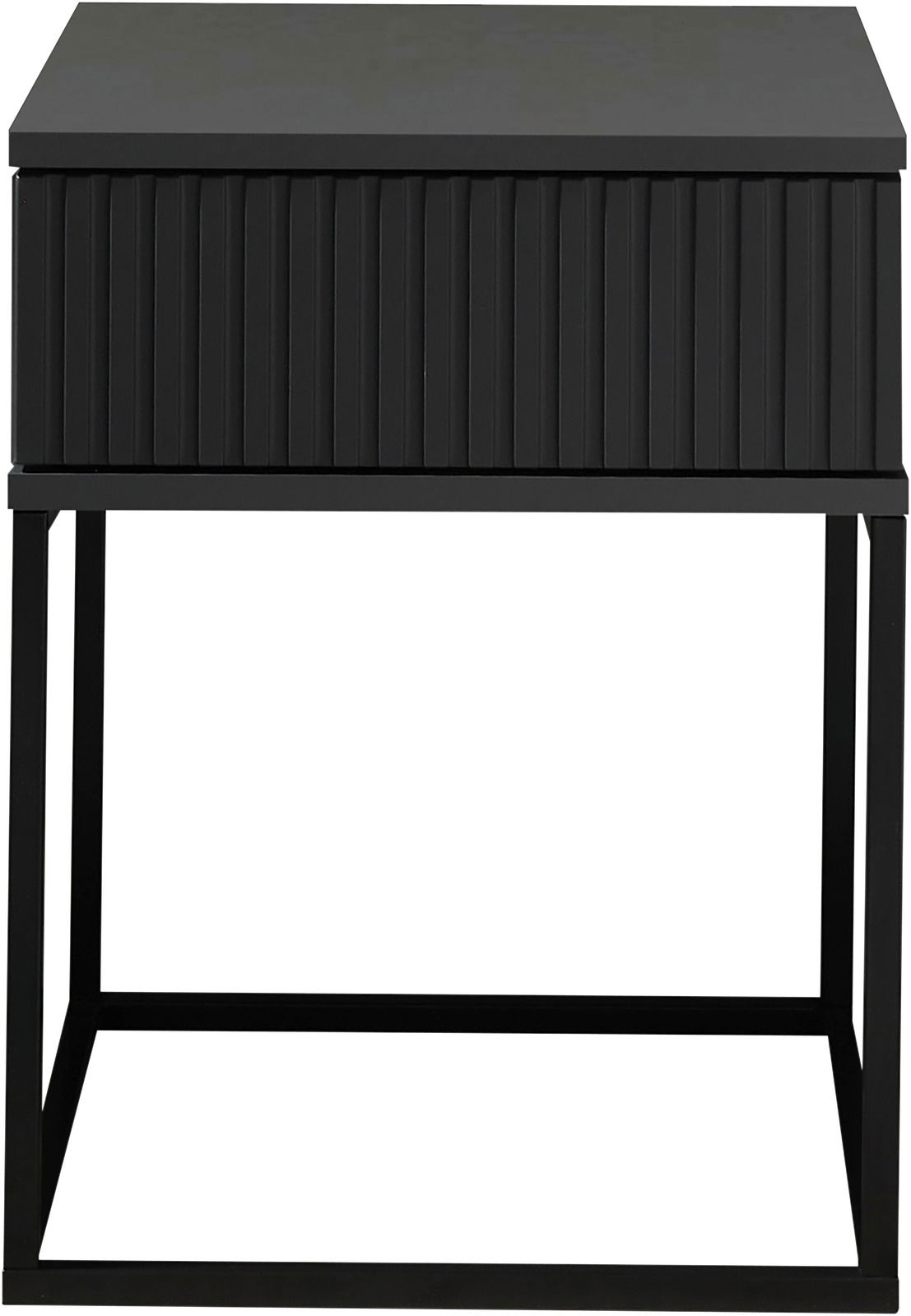 Schwarze Nachtkommode mit geriffelter Front und Metallgestell, Frontalansicht