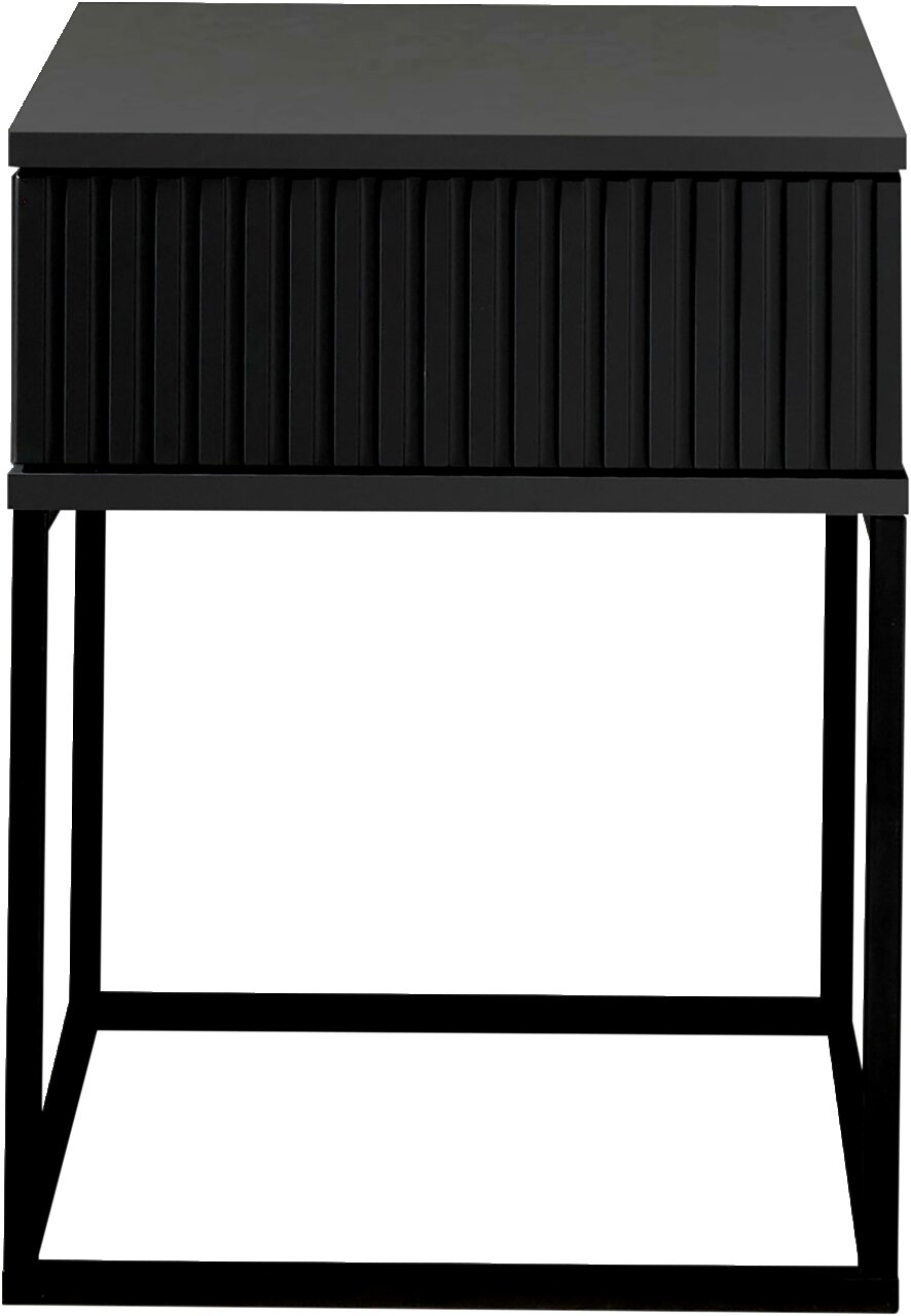 Schwarze Nachtkommode mit geriffelter Front und Metallgestell, Frontalansicht