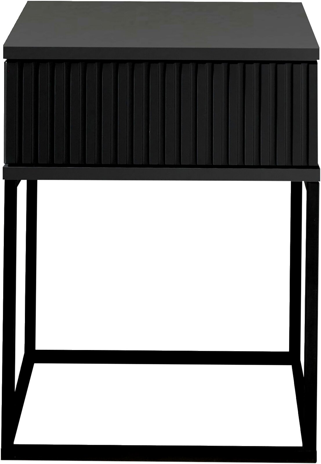 Schwarze Nachtkommode mit geriffelter Front und Metallgestell, Frontalansicht
