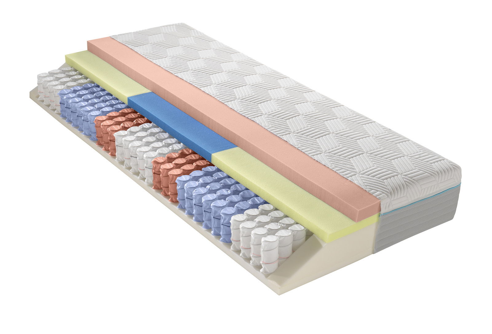 Dieter Knoll Gel-Taschenfederkernmat. H2 OPTIFLOW GEL TFK 26 Querschnitt einer Gel-Taschenfederkernmatratze mit verschiedenen Schichten in seitlicher Perspektive.