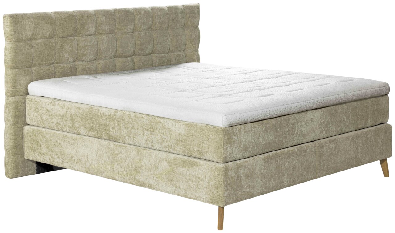 Esposa Boxspringbett TILA Boxspringbett 180x200 in beige mit gepolstertem Kopfteil, seitliche Perspektive