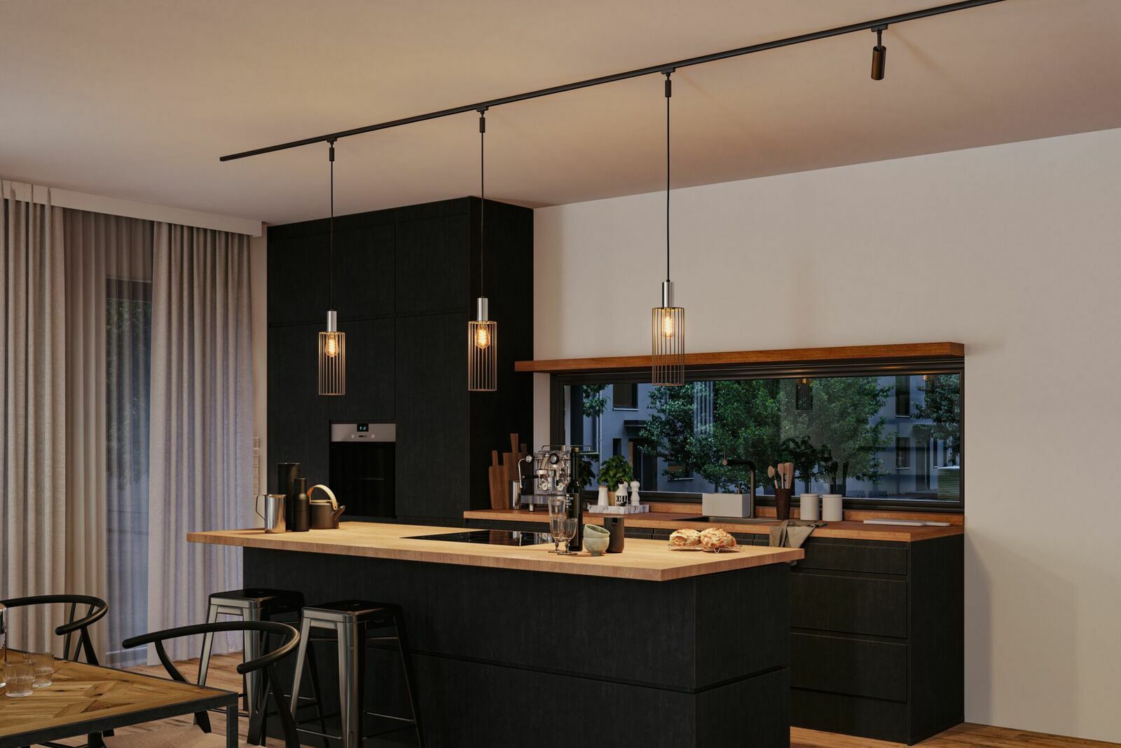Moderne Küche mit drei hängenden Dekoschirmen Biraha in einem eleganten, minimalistischen Design. Perspektive von der Seite, die die gesamte Kücheninsel und die Hängelampen zeigt.