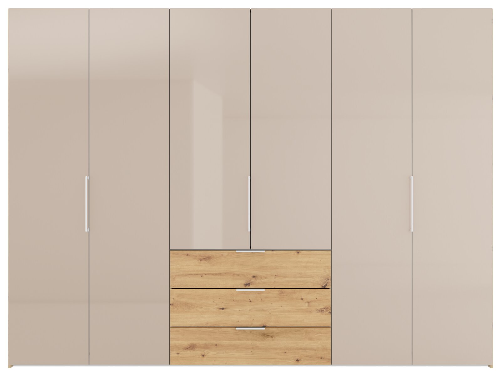 Vooraanzicht van een moderne kledingkast in taupe met vijf deuren, drie centrale lades in eikenhoutlook en slanke witte handgrepen