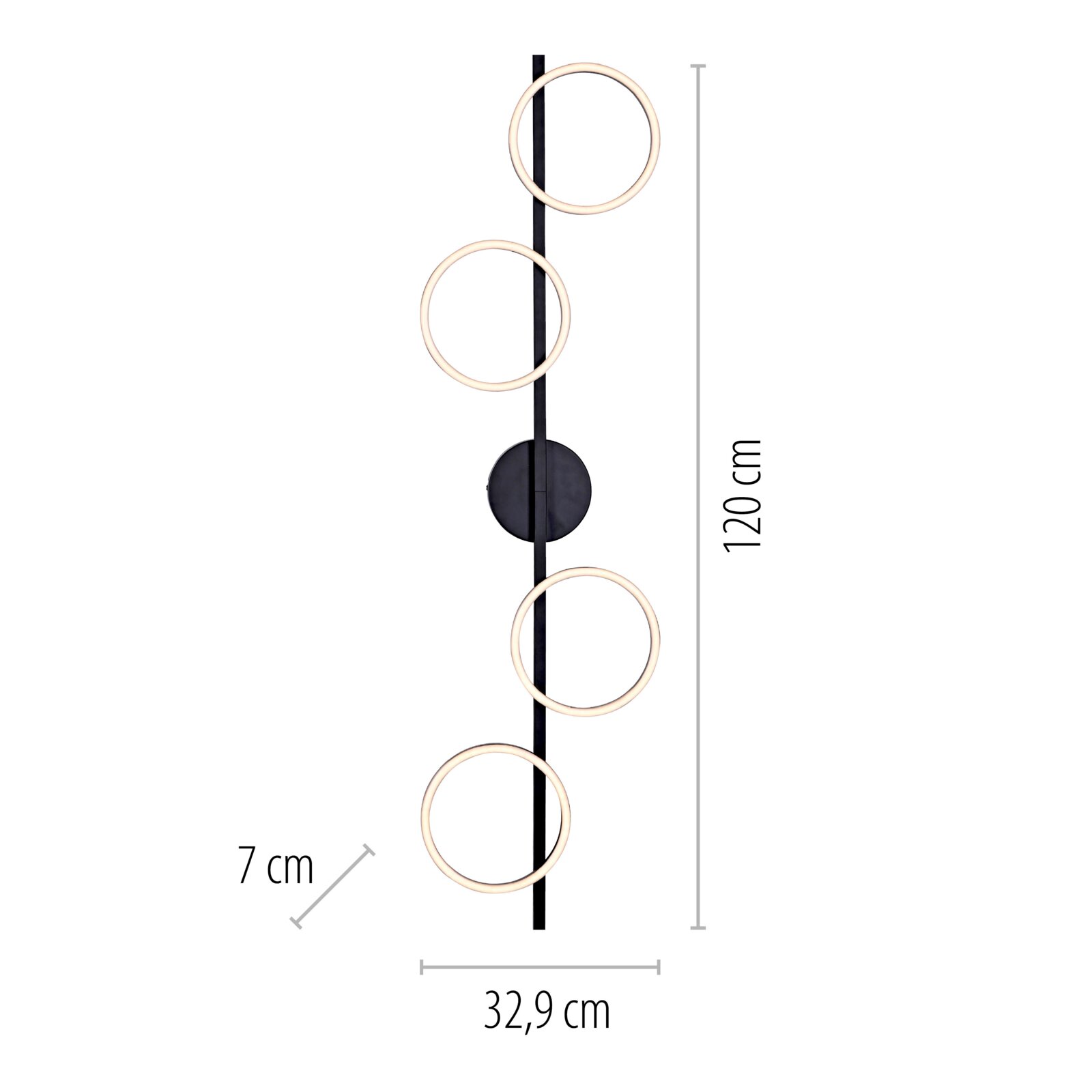 Moderne schwarze Wandlampe mit vier ringförmigen LED-Leuchtelementen, Maße ca. 120 cm hoch und 32,9 cm breit, Frontansicht.