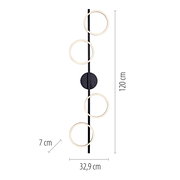 Moderne schwarze Wandlampe mit vier ringförmigen LED-Leuchtelementen, Maße ca. 120 cm hoch und 32,9 cm breit, Frontansicht.