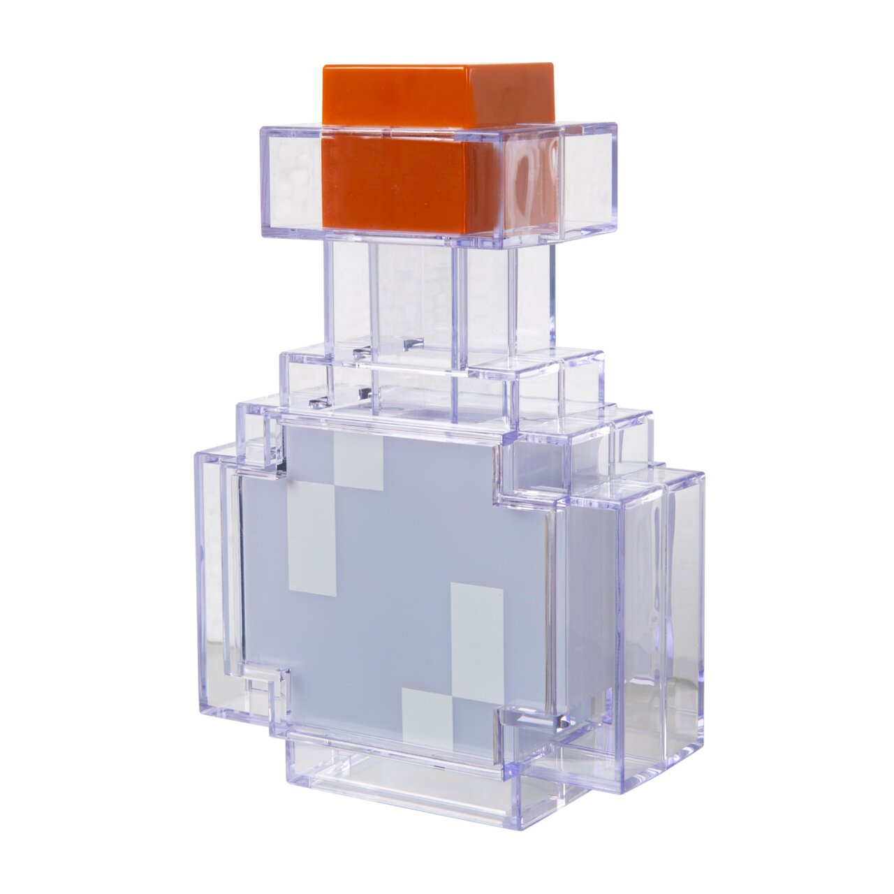 Transparenter, pixelartig gestufter Flakon mit milchig-hellblauem Inhalt und orangefarbenem Deckel, freigestellt auf weißem Hintergrund, Frontansicht leicht von oben.