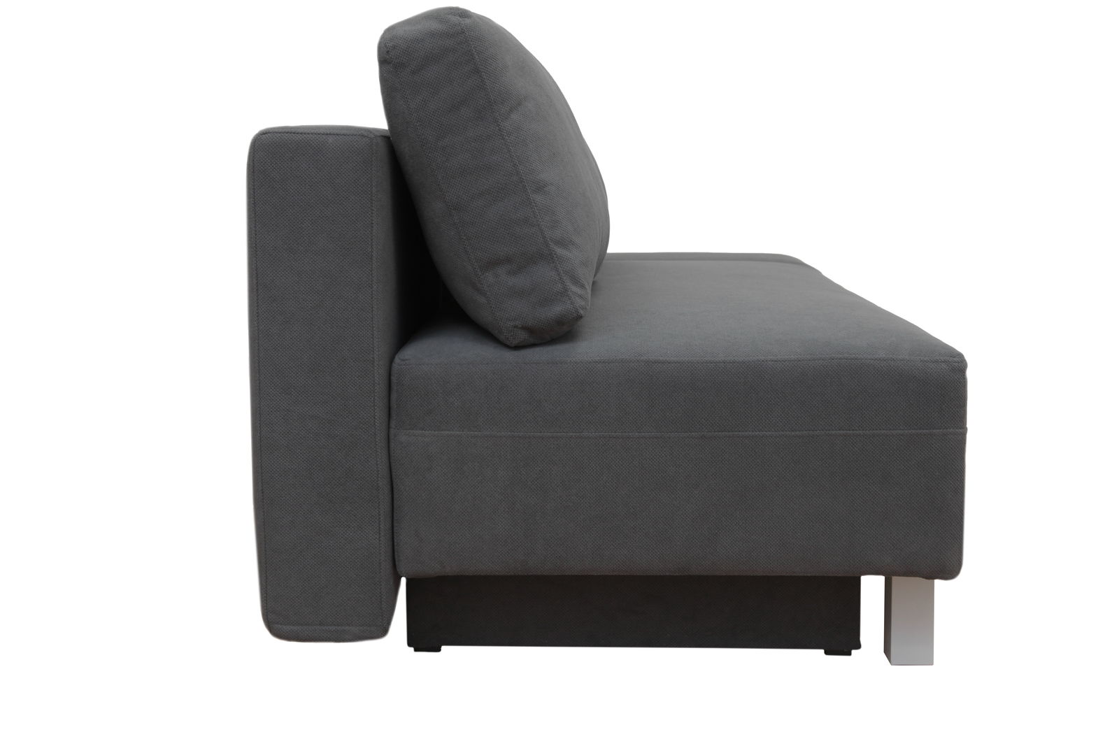 Seitenansicht eines grauen Funktionssofas mit Kissen