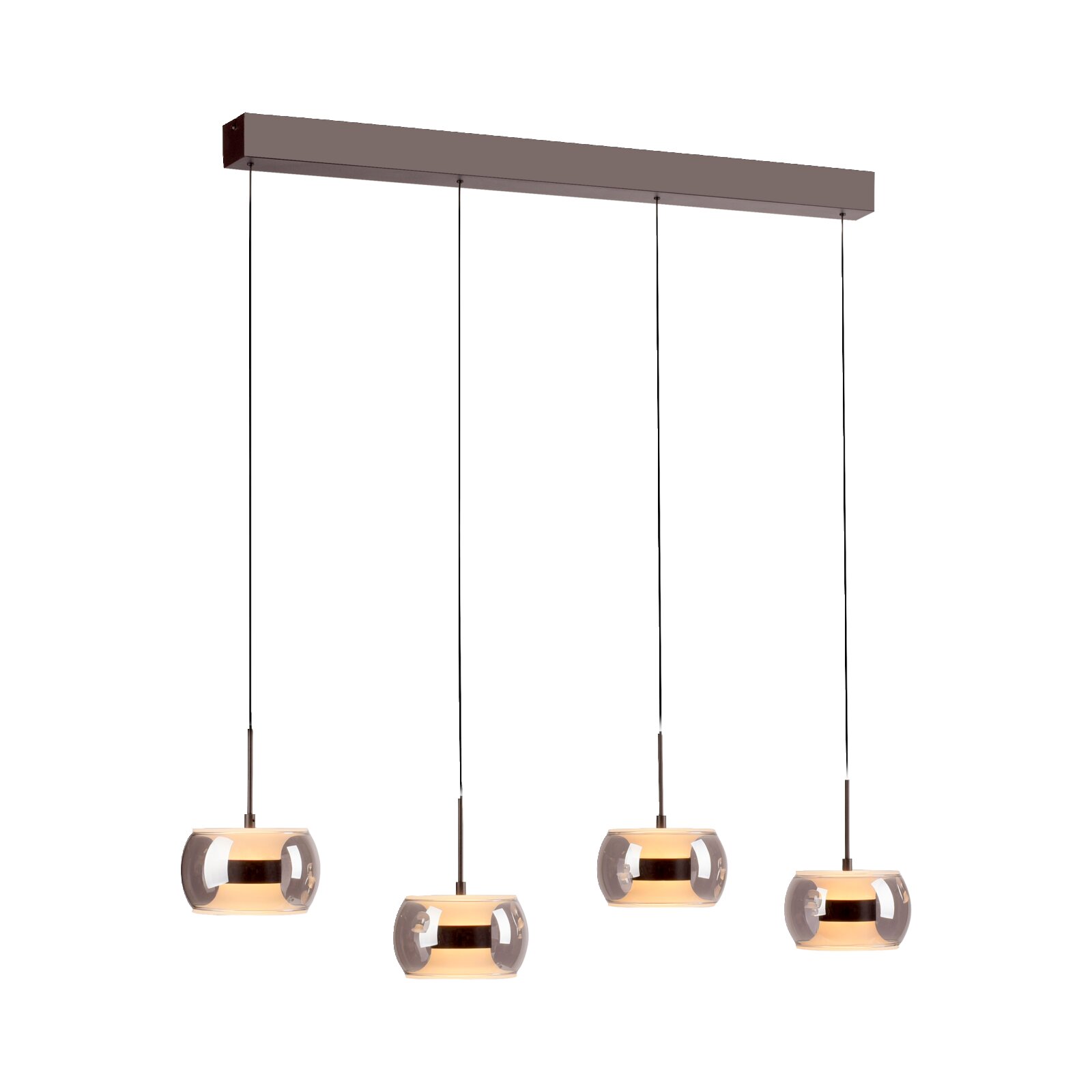 Moderne 4-flammige Pendelleuchte mit rechteckigem Baldachin, schwarzen Kabeln und rauchgrauen Glas-Schirmen mit warmem Licht, frontal in leicht schräger Perspektive von unten fotografiert