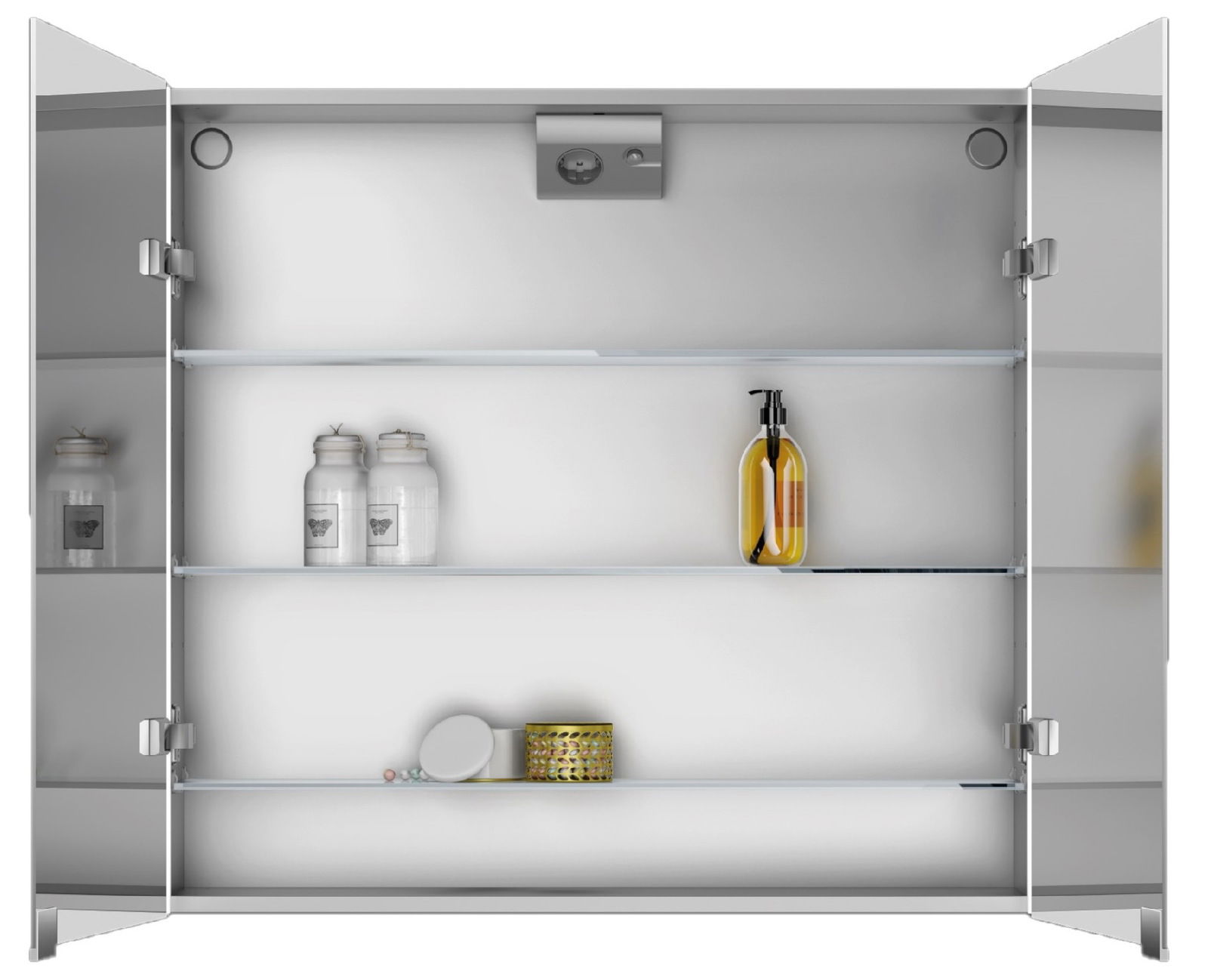 Zurbrüggen Spiegelschrank STYLEALU Offener Spiegelschrank mit zwei Türen, drei Glasböden und verschiedenen Pflegeprodukten, frontal betrachtet.