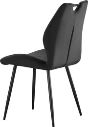 Schwarzer Polster-Esszimmerstuhl mit hoher Rückenlehne, Grifföffnung oben und schlanken Metallbeinen, seitliche Rückansicht vor weißem Hintergrund